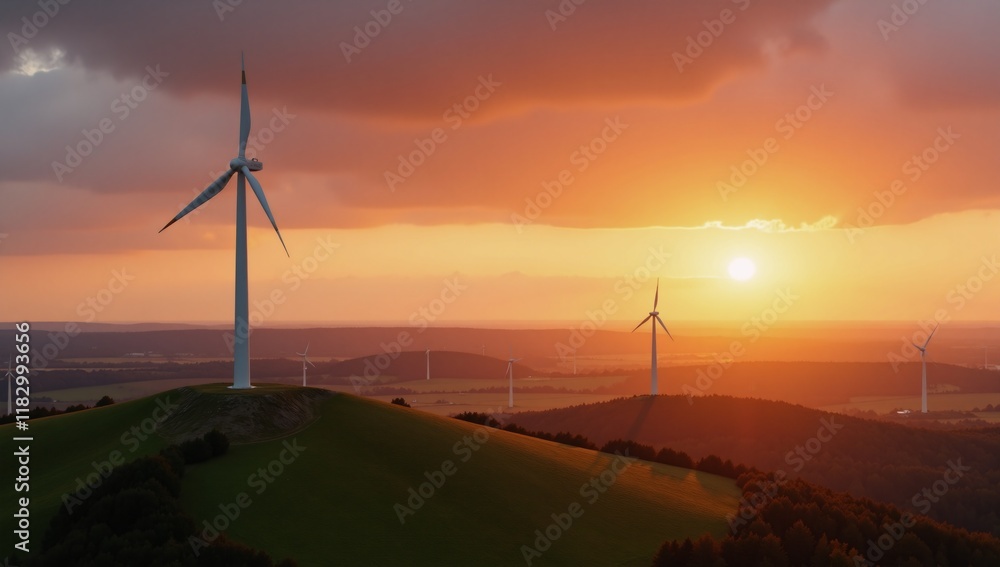Obraz premium Wind Turbines glow against a sunset backdrop on scenic hills symbolizing renewable energy and environmental sustainability in idyllic farmland
