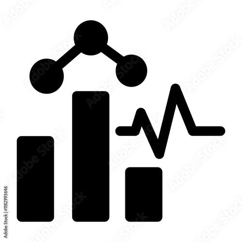 Modern analytic glyph icon depicting data visualization elements like charts and graphs. Ideal for dashboards, reports, or business tools, representing analysis, performance, and insights.