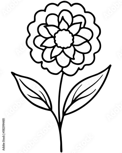 Marigold Flower with Two Leaves Vector Outline Line Art Design, Elegant Floral Illustration