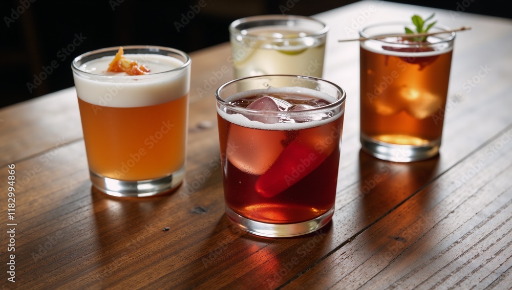 Close-up shot of glassware holding mixed drinks on rustic tabletop Close-up shot of glassware holding mixed drinks on rustic tabletop