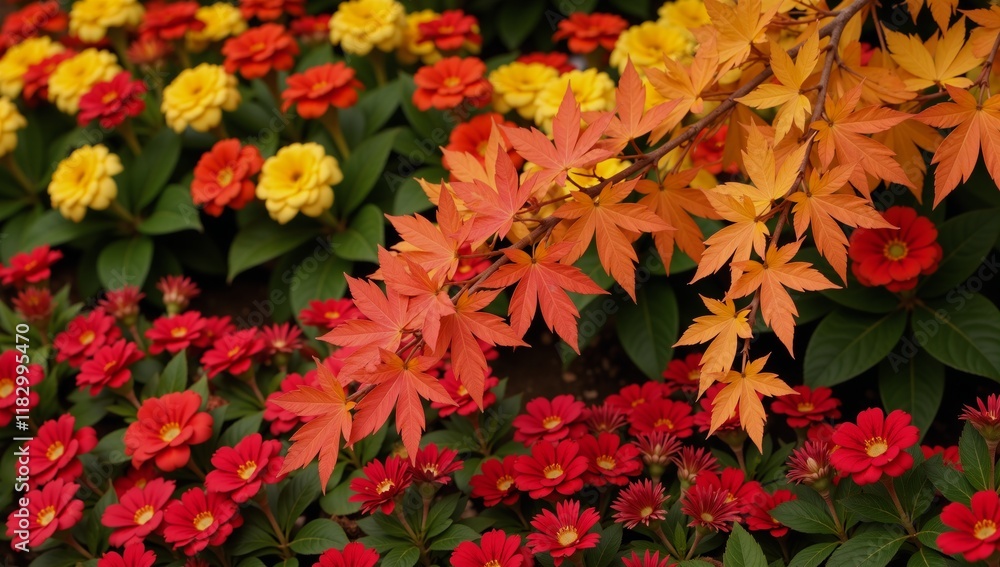 Autumnal harmony stunning array of leaves and blooms displays fall colors embodying seasonal warmth Autumnal harmony stunning array of leaves and blooms displays fall colors embodying seasonal warmth
