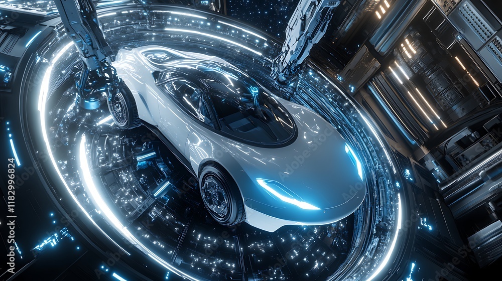 Fototapeta premium Futuristic car in a high-tech environment with glowing elements and robotic features.
