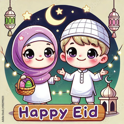 Muslim cartoon little girl and boy saying happy eid