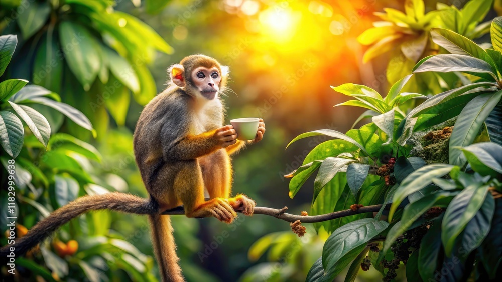Obraz premium Playful Monkey Enjoying Coffee in a Lush Jungle - Panoramic Photography of a Monkey Holding a Cup of Coffee Surrounded by Vibrant Greenery and Tropical Plants