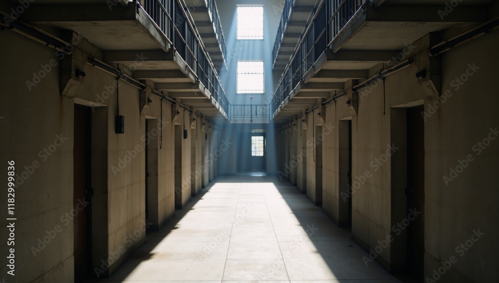 A sunlit prison hall exhibits rows of confined cells during a lockdown A sunlit prison hall exhibits rows of confined cells during a lockdown