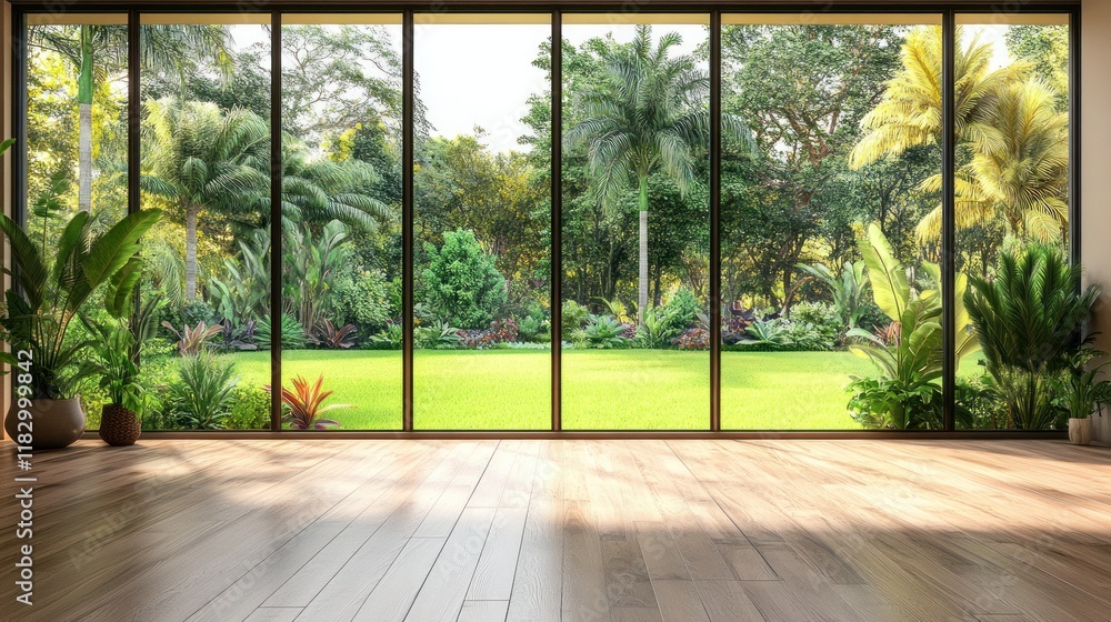 Tranquil Tropical View: Luxurious Indoor Space Overlooking Lush Garden Tranquil Tropical View: Luxurious Indoor Space Overlooking Lush Garden