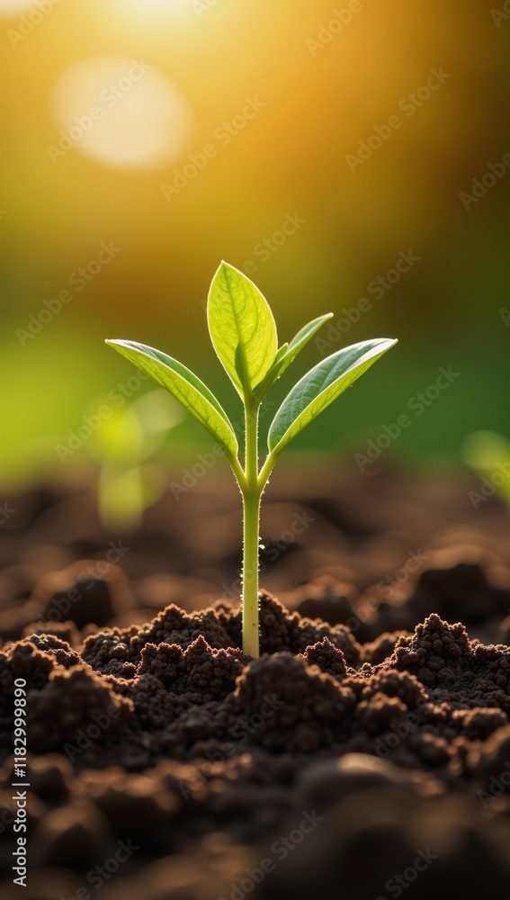 Young green shoot bursts forth from nutrient-rich earth beneath a beaming sun signifying rebirth development and eco-friendly progress Young green shoot bursts forth from nutrient-rich earth beneath a beaming sun signifying rebirth development and eco-friendly progress