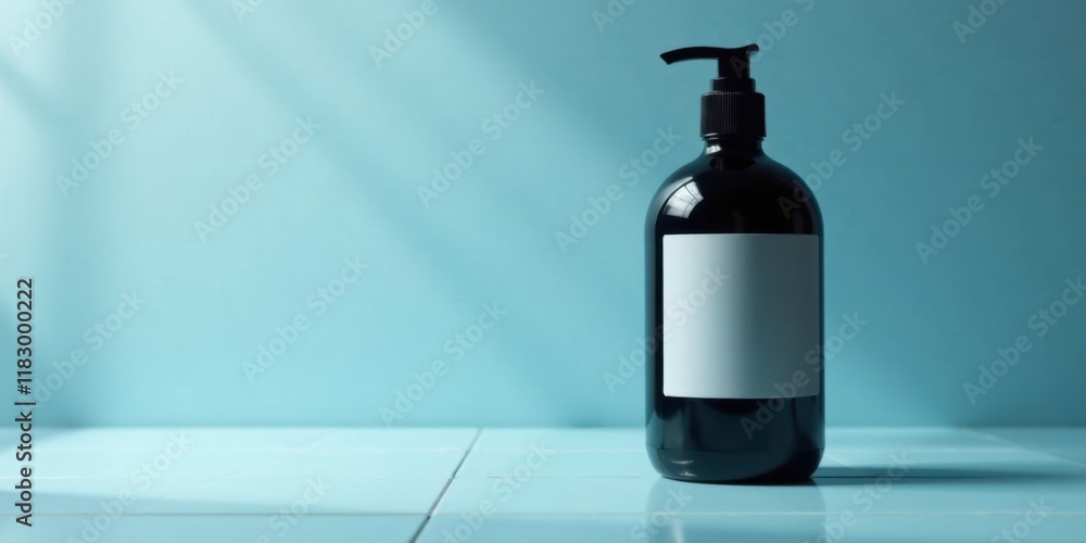Dark bottle with pump dispenser and blank label on light blue background