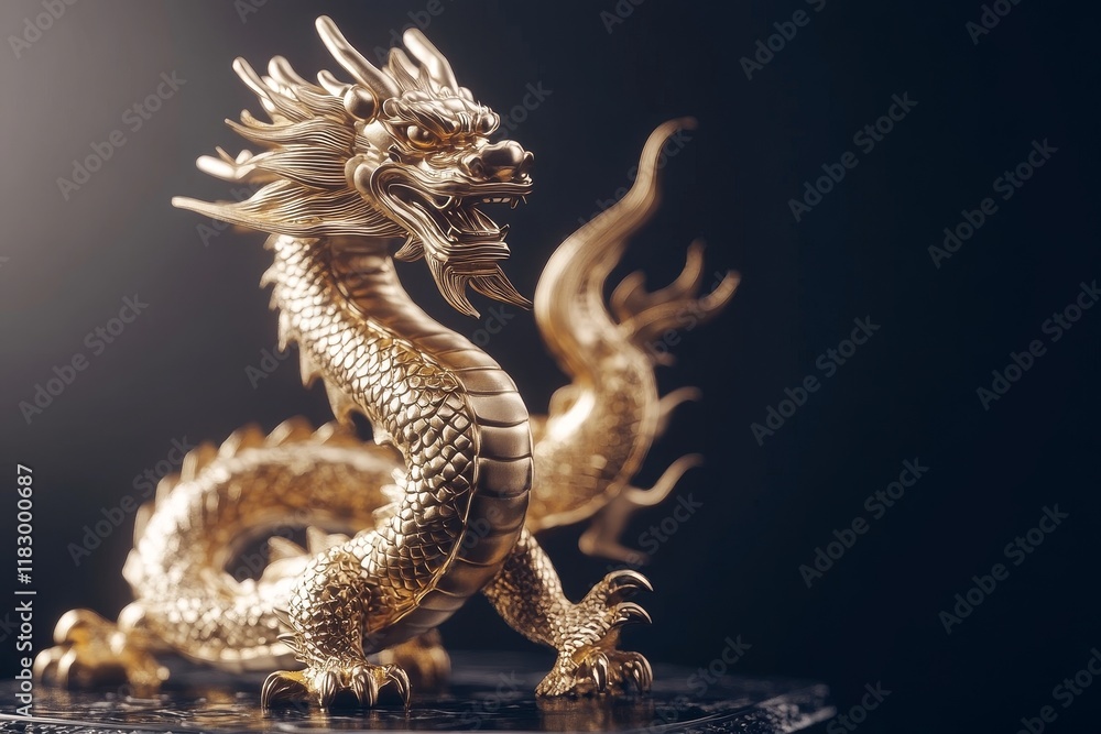 Obraz premium Detailed Golden Dragon Sculpture with Intricate Features and Textures Captured Against Dark Background for Artistic and Cultural Visual Needs