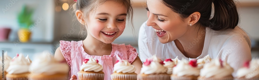 A smiling mother and her young daughter baking and decorating colorful cupcakes together in the kitchen as they bond over a shared hobby and create a sweet memory A smiling mother and her young daughter baking and decorating colorful cupcakes together in the kitchen as they bond over a shared hobby and create a sweet memory