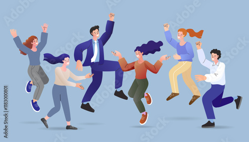 Business success and teamwork celebration concept. A happy and diverse corporate team of people jumps for joy, celebrating a project achievement or a successful partnership.