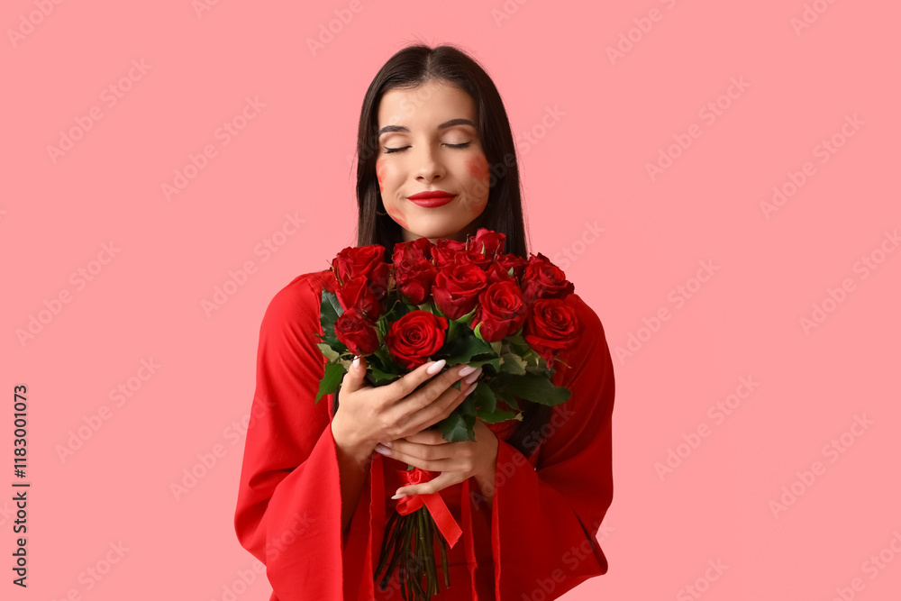 Beautiful young woman with kiss marks on her face and bouquet of roses on pink background Beautiful young woman with kiss marks on her face and bouquet of roses on pink background