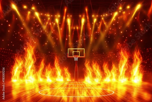 Dramatic Basketball Court with Fiery Flames Surrounding the Hoop Under Intense Stage Lights in a Spectacular Sports Arena Setting