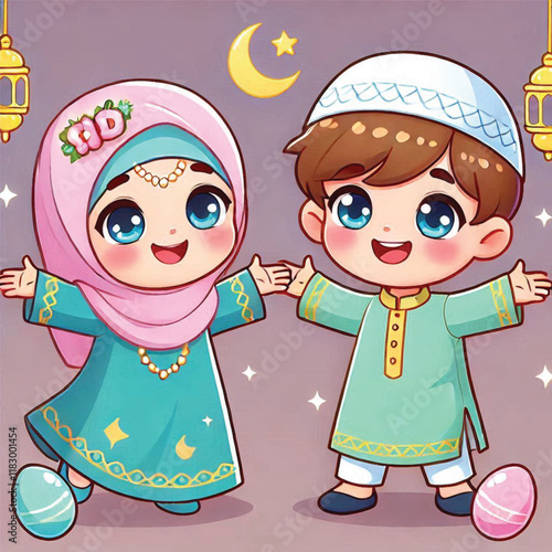 Muslim cartoon little girl and boy saying happy eid