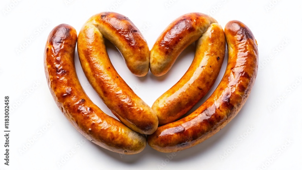 Heart-Shaped Fried Sausages on White Background - Romantic Breakfast Food Stock Photo Heart-Shaped Fried Sausages on White Background - Romantic Breakfast Food Stock Photo
