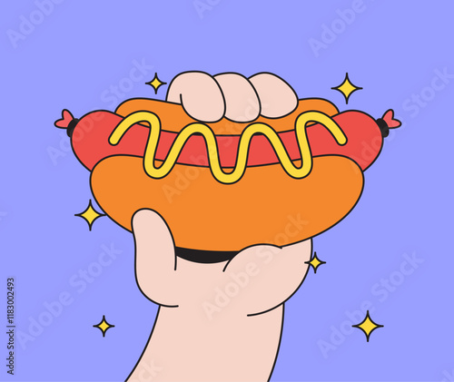 Cartoon hot dog with mustard being held in a hand in cartoon hand drawn illustration for 
