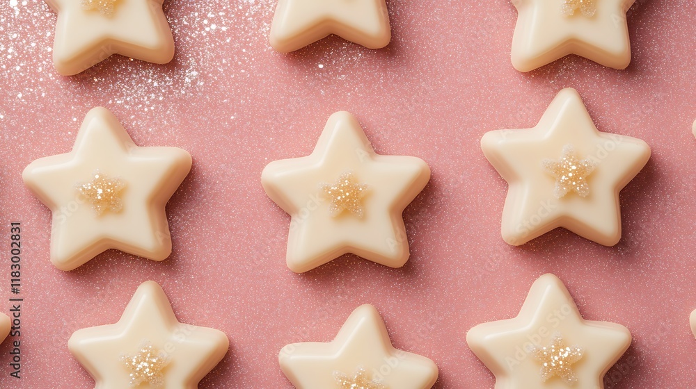 Star-Shaped Marzipan Candies in Soft Pastel Colors Arranged Neatly on a Pink Background, Perfect for Celebrations and Special Occasions Star-Shaped Marzipan Candies in Soft Pastel Colors Arranged Neatly on a Pink Background, Perfect for Celebrations and Special Occasions