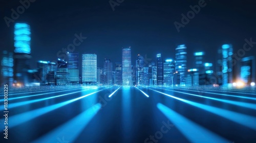 Futuristic city skyline illuminated at night