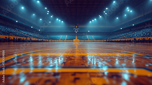 Rainy Indoor Basketball Court Ready for Game Day Atmosphere photo