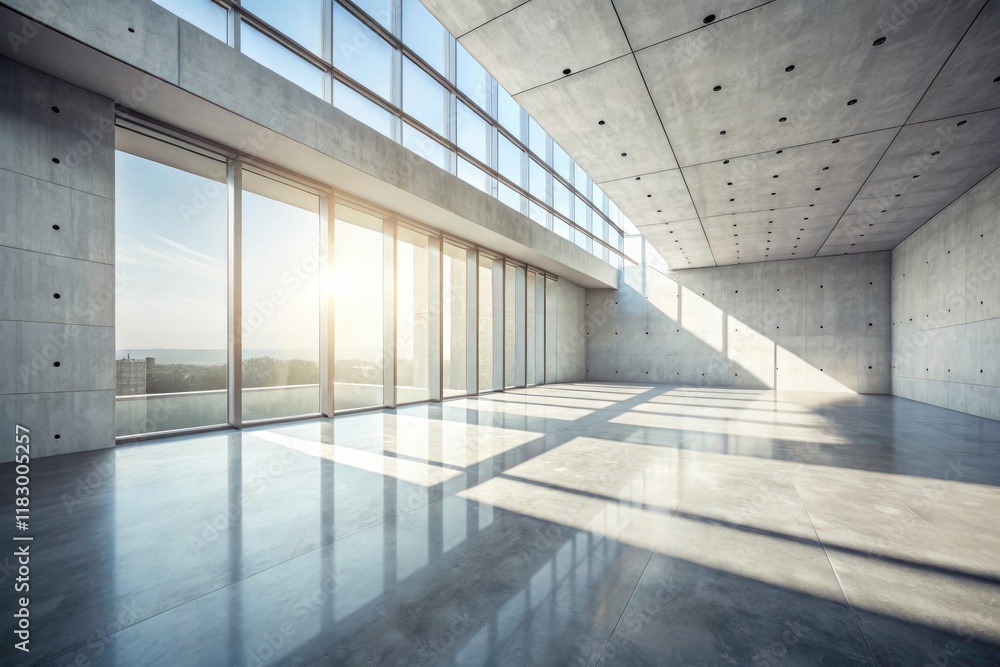 Grey concrete hallway bathed in sunlight, showcasing clean lines and a minimalist aesthetic. Grey concrete hallway bathed in sunlight, showcasing clean lines and a minimalist aesthetic.