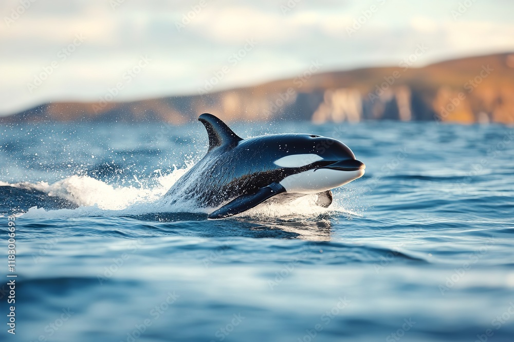 Fototapeta premium An orca leaps from the ocean, showcasing its black and white coloration against a backdrop of dramatic cliffs and soft sunset light. The moment captures the beauty of marine life
