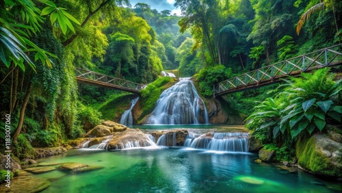 Jamaica's Konoko Falls: experience stunning waterfall vistas & vibrant rainforest from the park's bridge.