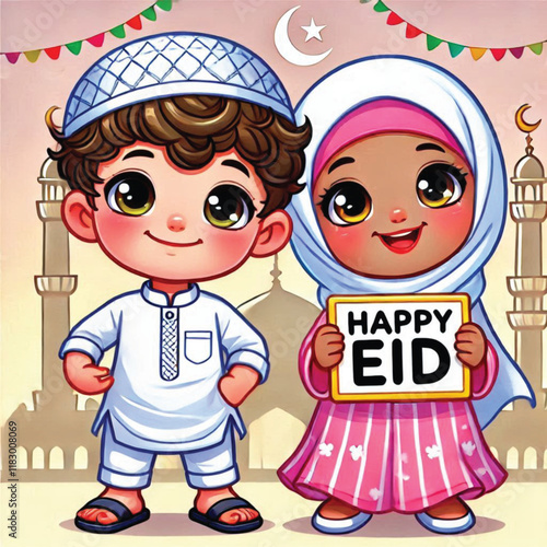 Muslim cartoon little girl and boy saying happy eid