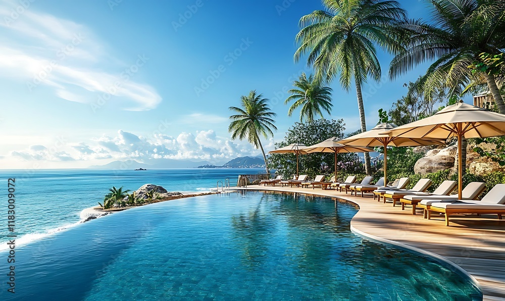 Fototapeta premium Luxurious beachfront hotel or resort with elegant architecture situated directly by turquoise ocean clear blue sky. Coconut tree and pool that blends seamlessly sea white sand beach and sun lounger. 