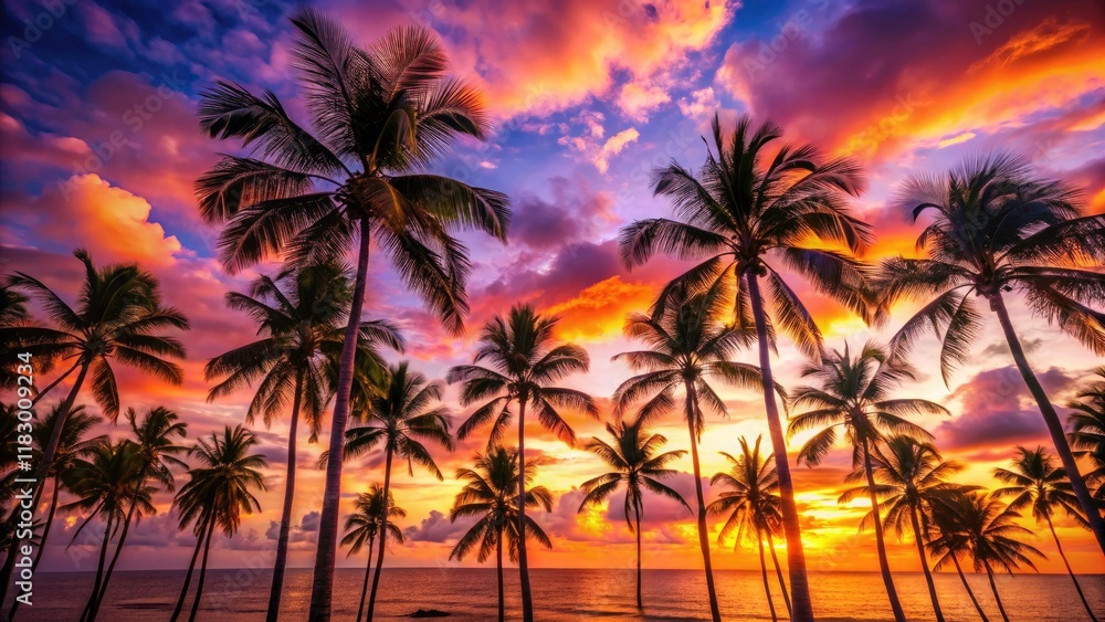 Stunning Aerial View of Palm Tree Silhouettes at Sunset, Tropical Landscape, Drone Photography, Scenic Nature, Exotic Vibes, Beautiful Coastline, Tranquil Atmosphere, Paradise Destination Stunning Aerial View of Palm Tree Silhouettes at Sunset, Tropical Landscape, Drone Photography, Scenic Nature, Exotic Vibes, Beautiful Coastline, Tranquil Atmosphere, Paradise Destination