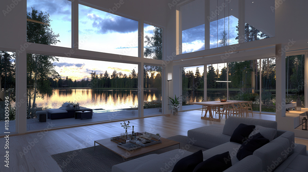 Fototapeta premium Modern home interior with large windows overlooking serene lake at sunset, creating peaceful atmosphere