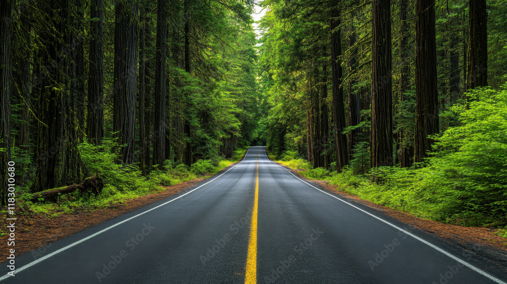 Naklejka premium straight road stretching through lush green forest, surrounded by tall trees and vibrant foliage, invites sense of adventure and tranquility