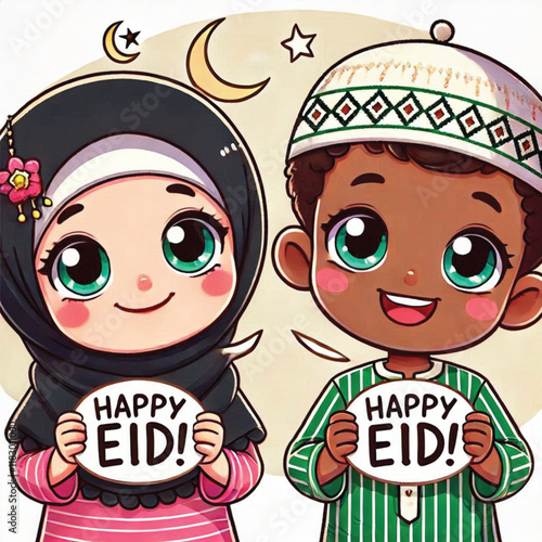 Muslim cartoon little girl and boy saying happy eid