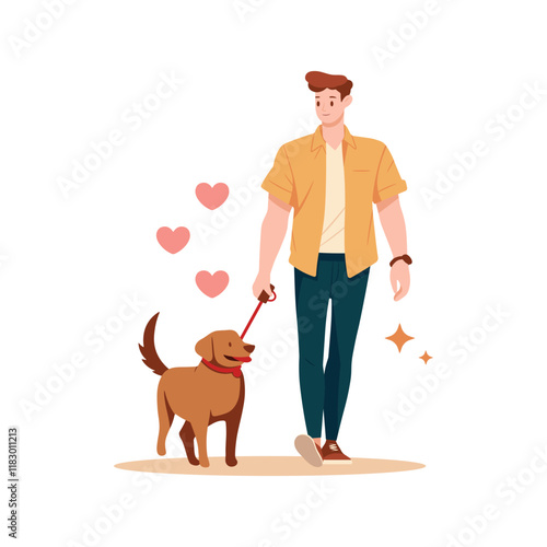 Man dog owner walking with puppy leading it on leash. Young man going with doggy. Vector illustration isolated on white.