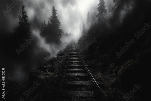 Foggy Autumn Railroad Tracks in a Moody Landscape photo