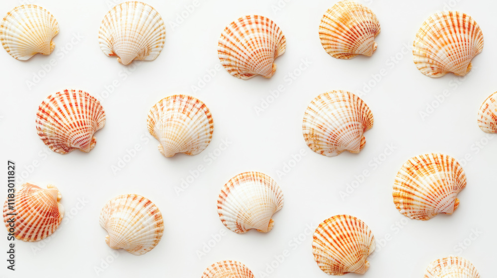 Arranged seashells in various patterns create beautiful coastal display. intricate designs and colors evoke sense of tranquility and connection to nature Arranged seashells in various patterns create beautiful coastal display. intricate designs and colors evoke sense of tranquility and connection to nature