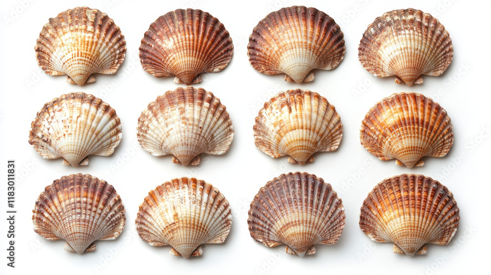 whole view of multiple arranged seashells on white background, showcasing their intricate patterns and natural colors. These seashells evoke sense of coastal beauty and marine life whole view of multiple arranged seashells on white background, showcasing their intricate patterns and natural colors. These seashells evoke sense of coastal beauty and marine life