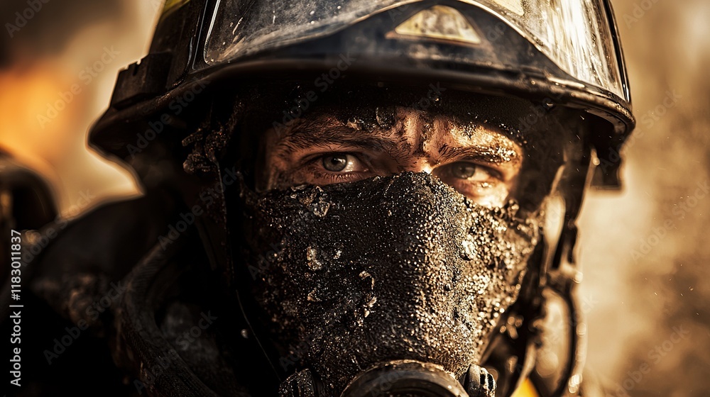 Fototapeta premium Firefighter in full gear displays dedication and resilience after battling flames