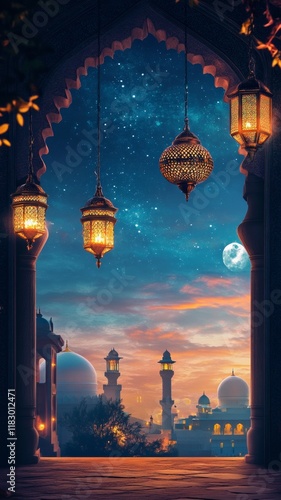 Eid Mubarak and Ramadan Kareem greetings with an Islamic lantern