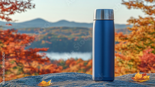 A water bottle placed on a surface with a scenic spring landscape in the background
