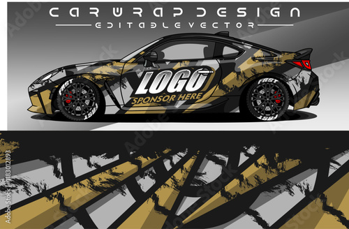 Illustration vector grahic of Car wrap decal with abstract design. Black gold colour. Livery car editable. Mockup template sticker vinyl for racing, rally, or daily use.