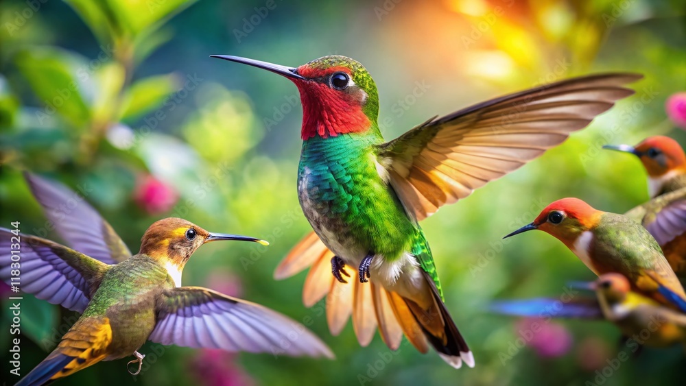 Fototapeta premium Hummingbird and Friends: A Colorful Gathering of Birds in Nature