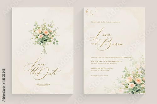 Aesthetic Wedding Invitation with Watercolor Greenery Leaves and branch