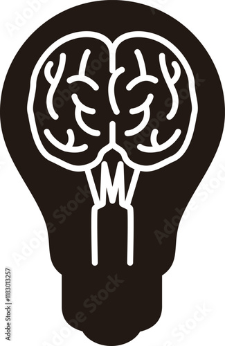 A black and white drawing of a brain with a light bulb in the middle