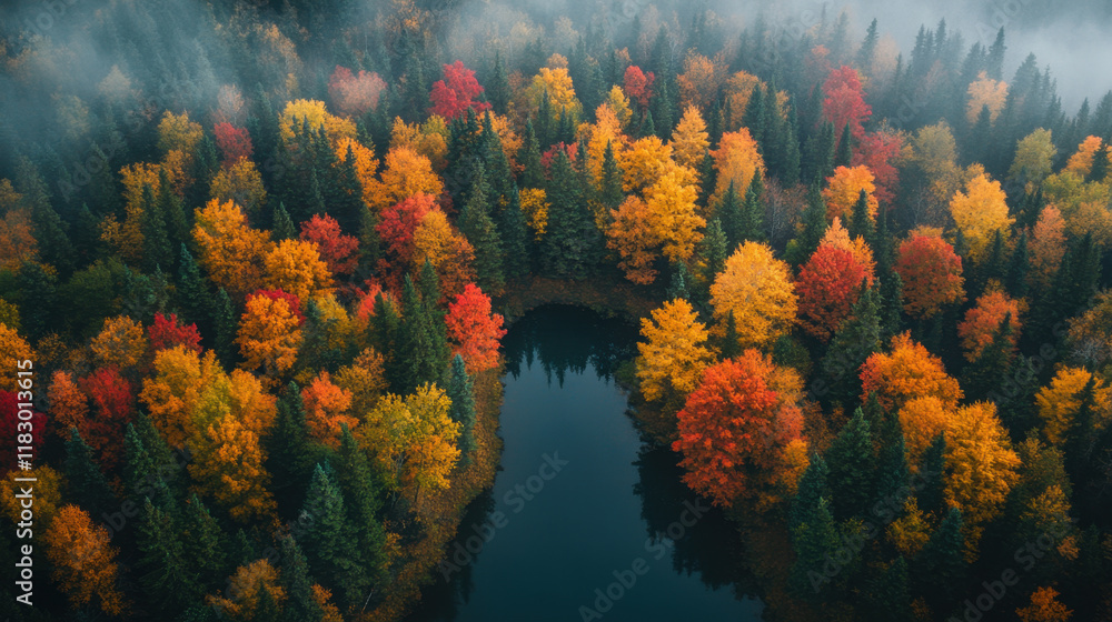 Aerial view of vibrant forest in autumn, showcasing colorful foliage and serene water body. scene captures beauty of nature with rich reds, oranges, and yellows Aerial view of vibrant forest in autumn, showcasing colorful foliage and serene water body. scene captures beauty of nature with rich reds, oranges, and yellows