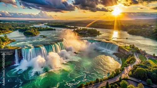 Surreal 4K Slow Motion View of Niagara Falls - Stunning Horseshoe Falls from Skylon Tower on a Sunny Day with Dreamlike Water Effects and Lush Green Surroundings photo