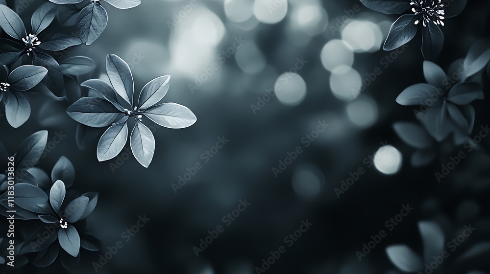 Monochrome Floral Image Featuring Delicate Blooms and Leaves Monochrome Floral Image Featuring Delicate Blooms and Leaves