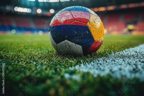 Romania vs Netherlands Euro 2025 Knockout Match Soccer Ball and National Flags on Green Grass in Stadium photo