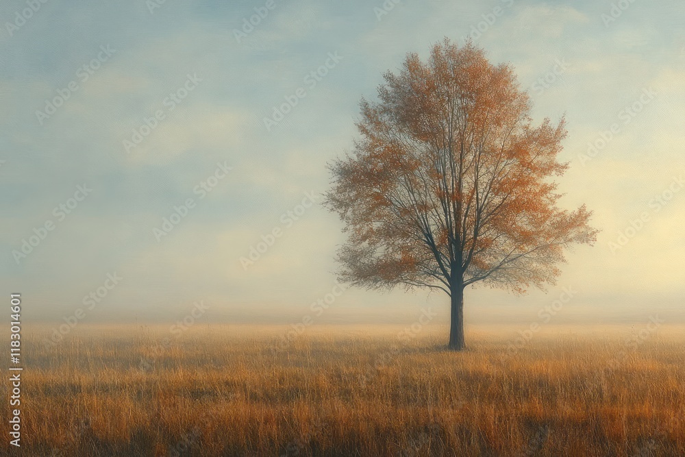 Misty Serene Landscape with Solitary Tree in Foggy Field at Dawn