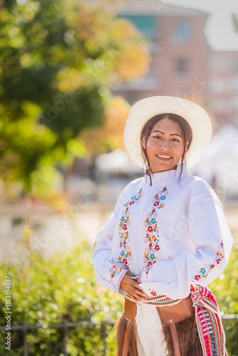 Hispanic woman wearing traditional cayambe clothes during national festivities. Dia de la hispanidad photo