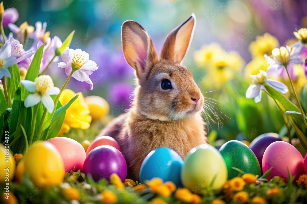 Fototapeta premium Adorable Easter bunny macro shot; vibrant spring eggs and delightful decorations complete the festive scene.